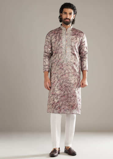 Purple Silk Kurta Set For Men With Floral Print Mirror And Resham Work