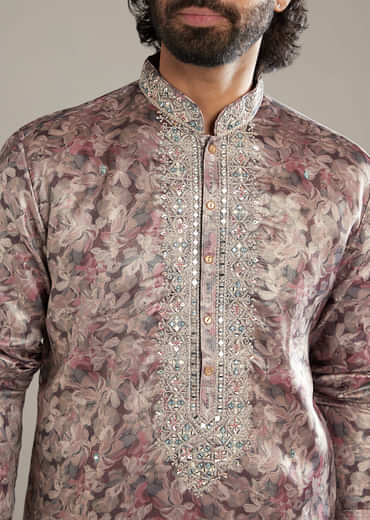 Purple Silk Kurta Set For Men With Floral Print Mirror And Resham Work