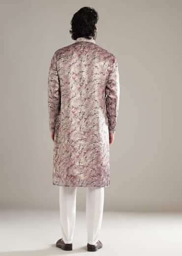 Purple Silk Kurta Set For Men With Floral Print Mirror And Resham Work