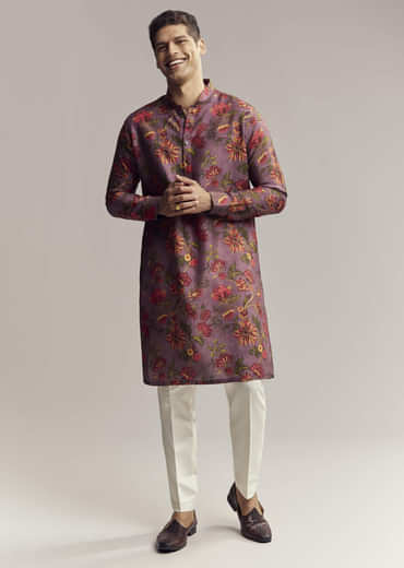 Purple Silk Kurta Set For Men With Floral Print