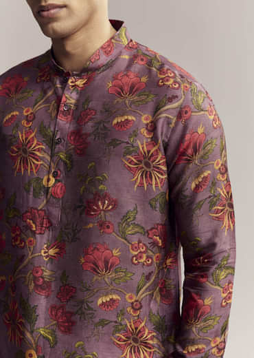 Purple Silk Kurta Set For Men With Floral Print