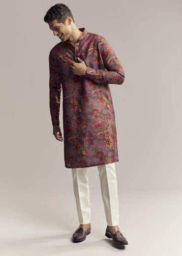 Purple Silk Kurta Set For Men With Floral Print