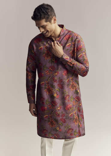 Purple Silk Kurta Set For Men With Floral Print