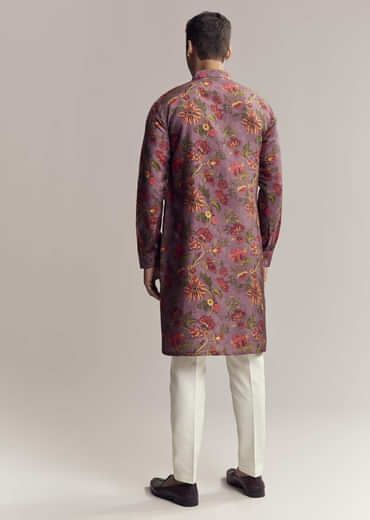 Purple Silk Kurta Set For Men With Floral Print