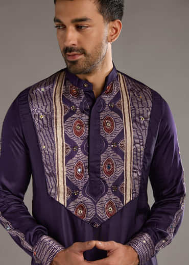 Purple Silk Kurta Set For Men With Hand Dyed Leheriya Print