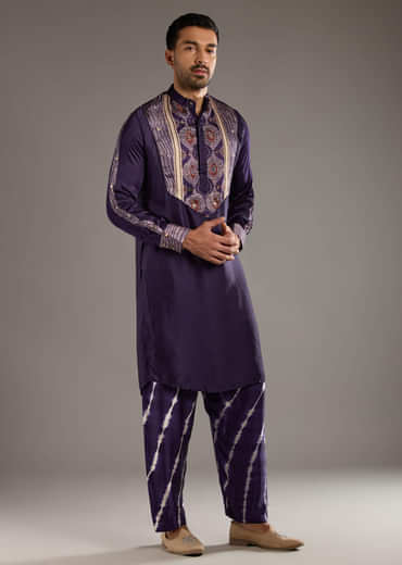 Purple Silk Kurta Set For Men With Hand Dyed Leheriya Print