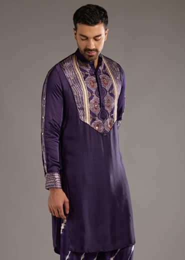 Purple Silk Kurta Set For Men With Hand Dyed Leheriya Print
