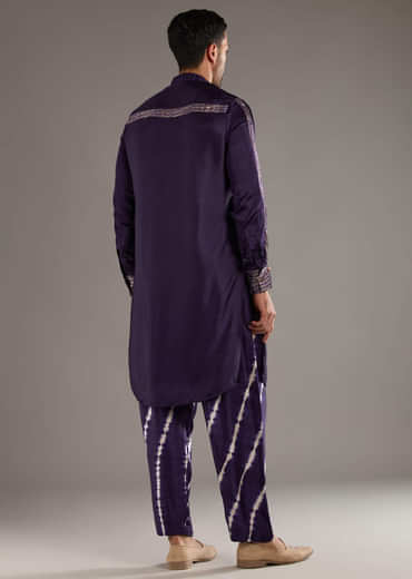 Purple Silk Kurta Set For Men With Hand Dyed Leheriya Print