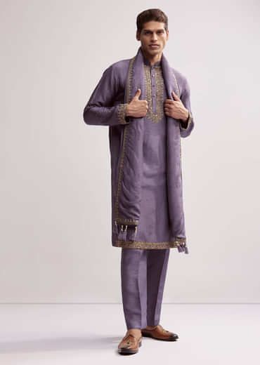 Purple Silk Kurta Set For Men With Hand Embroidery