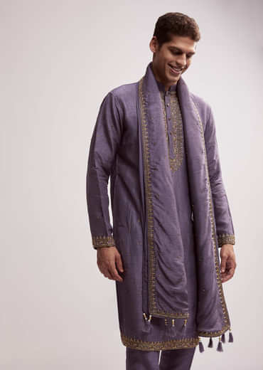 Purple Silk Kurta Set For Men With Hand Embroidery
