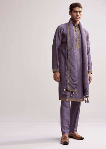 Purple Silk Kurta Set For Men With Hand Embroidery