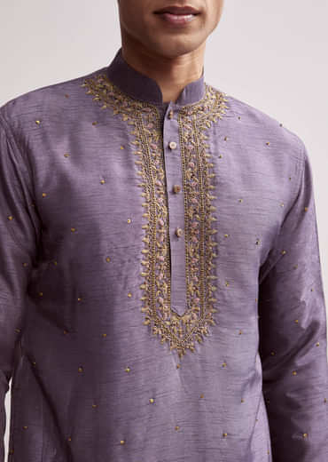 Purple Silk Kurta Set For Men With Hand Embroidery