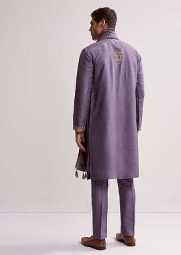 Purple Silk Kurta Set For Men With Hand Embroidery