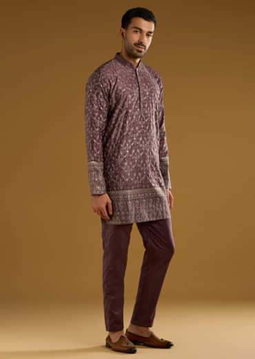 Purple Silk Kurta Set For Men With Intricate Hand Embroidery