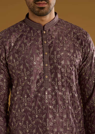 Purple Silk Kurta Set For Men With Intricate Hand Embroidery