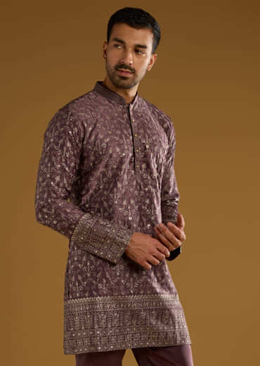 Purple Silk Kurta Set For Men With Intricate Hand Embroidery