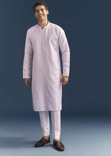 Purple Silk Kurta Set For Men With Mirror Embroidery