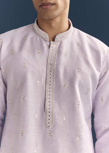 Purple Silk Kurta Set For Men With Mirror Embroidery