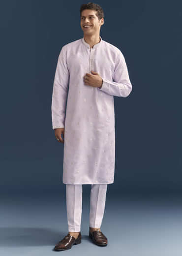 Purple Silk Kurta Set For Men With Mirror Embroidery