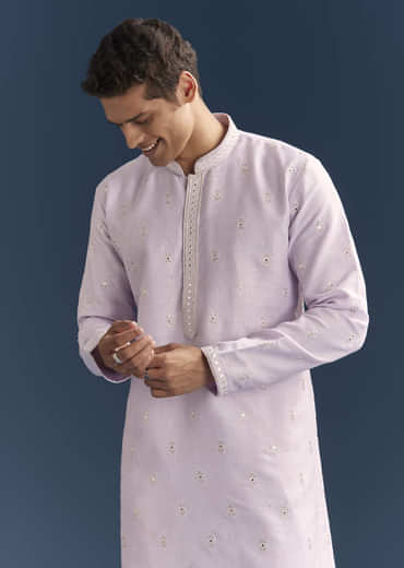 Purple Silk Kurta Set For Men With Mirror Embroidery