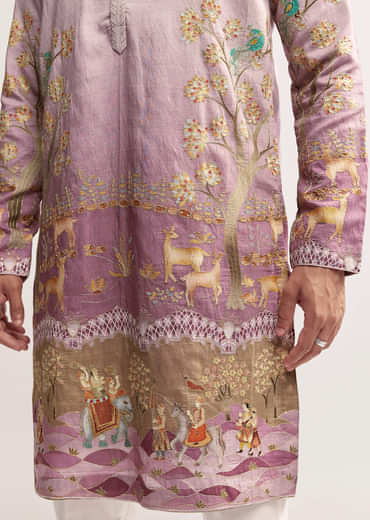 Purple Silk Kurta Set For Men With Mughal Print