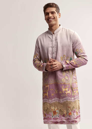 Purple Silk Kurta Set For Men With Mughal Print