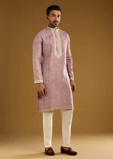 Purple Silk Kurta Set For Men With Resham Embroidery