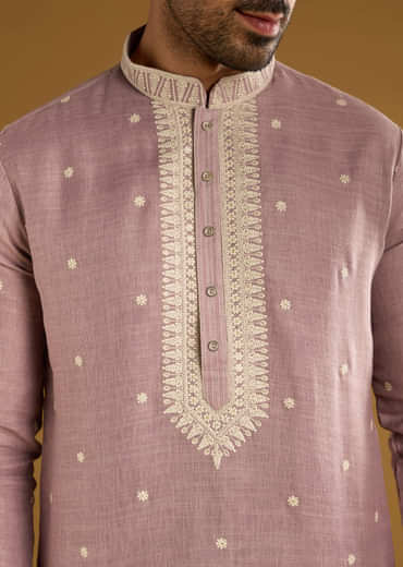 Purple Silk Kurta Set For Men With Resham Embroidery