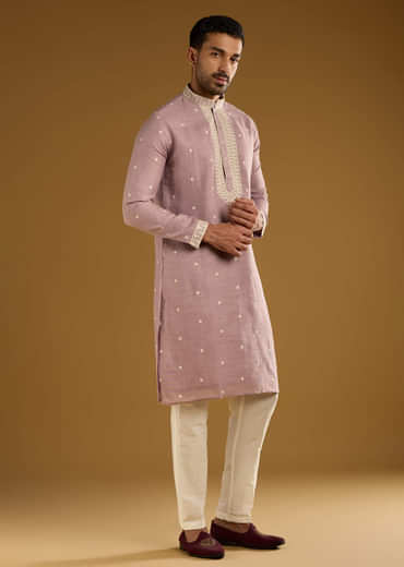 Purple Silk Kurta Set For Men With Resham Embroidery