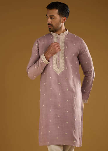 Purple Silk Kurta Set For Men With Resham Embroidery