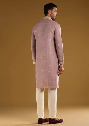 Purple Silk Kurta Set For Men With Resham Embroidery