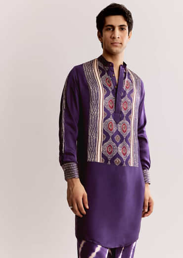 Purple Silk Kurta Set With Ajrakh Print
