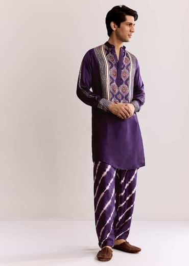 Purple Silk Kurta Set With Ajrakh Print