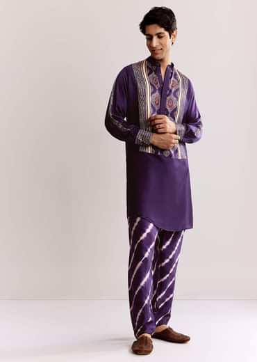 Purple Silk Kurta Set With Ajrakh Print