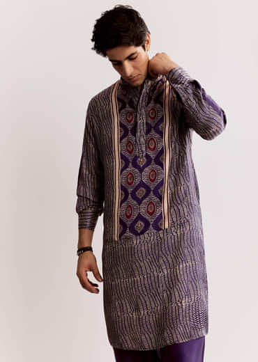 Silk Ajrakh Printed Kurta Set In Purple