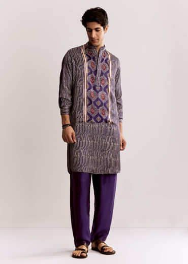 Silk Ajrakh Printed Kurta Set In Purple