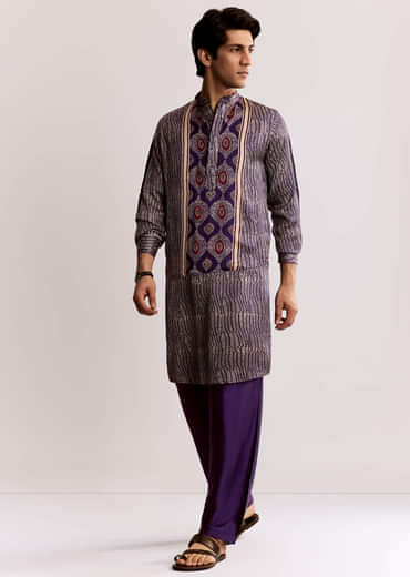 Silk Ajrakh Printed Kurta Set In Purple