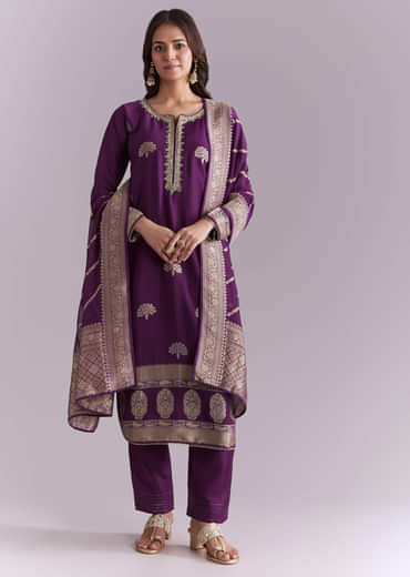 Purple Silk Kurta Set With Banarasi Weave