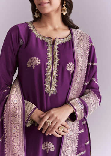 Purple Silk Kurta Set With Banarasi Weave