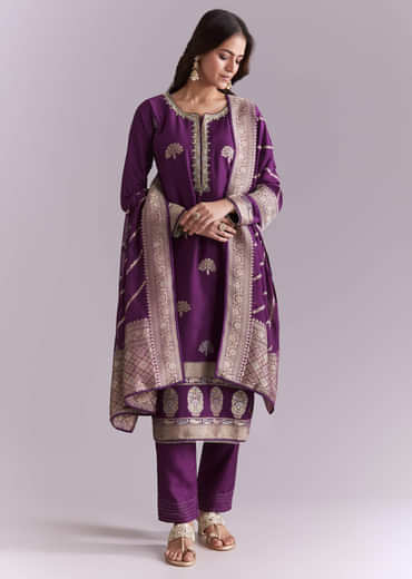 Purple Silk Kurta Set With Banarasi Weave