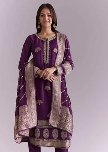 Purple Silk Kurta Set With Banarasi Weave