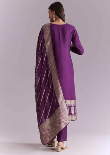 Purple Silk Kurta Set With Banarasi Weave
