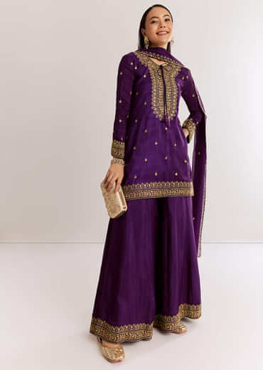 Purple Silk Kurta Set With Zari Butti And Border Work