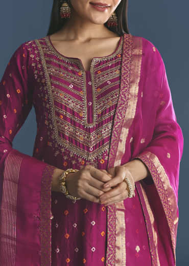 Purple Silk Kurta Sharara Suit With Bandhani And Sequins Work