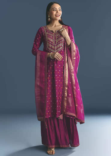 Purple Silk Kurta Sharara Suit With Bandhani And Sequins Work