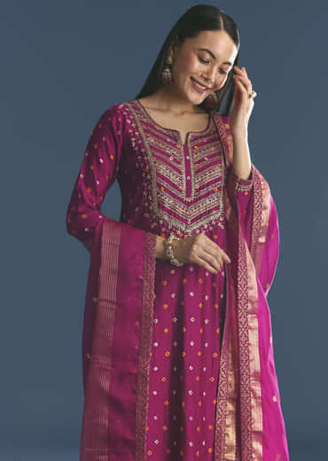 Purple Silk Kurta Sharara Suit With Bandhani And Sequins Work