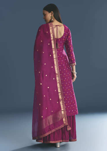 Purple Silk Kurta Sharara Suit With Bandhani And Sequins Work