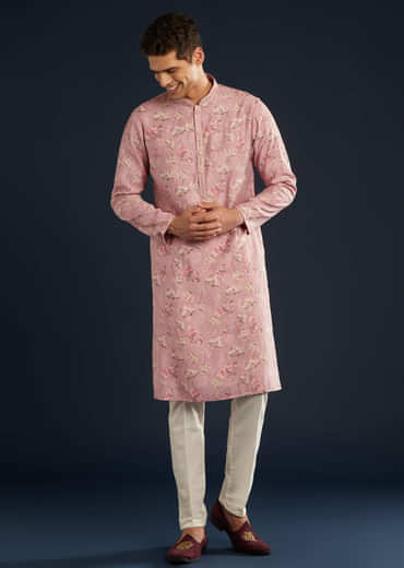 Purple Silk Mens Kurta Set with Floral Motifs