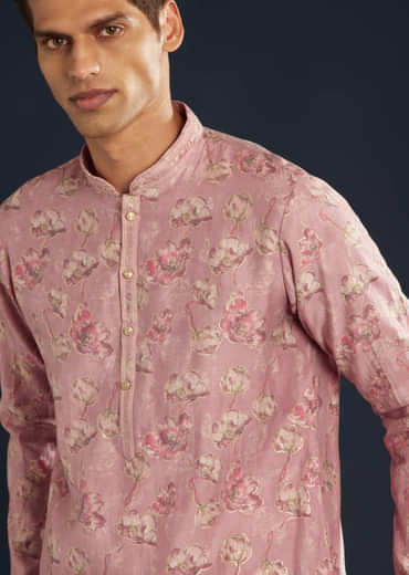 Purple Silk Mens Kurta Set with Floral Motifs