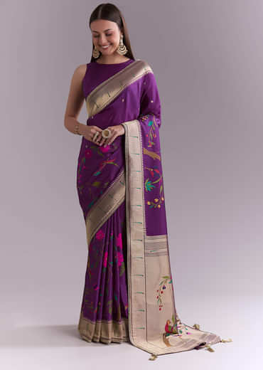 Purple Silk Muniya Paithani Saree With Booti And Zari Work